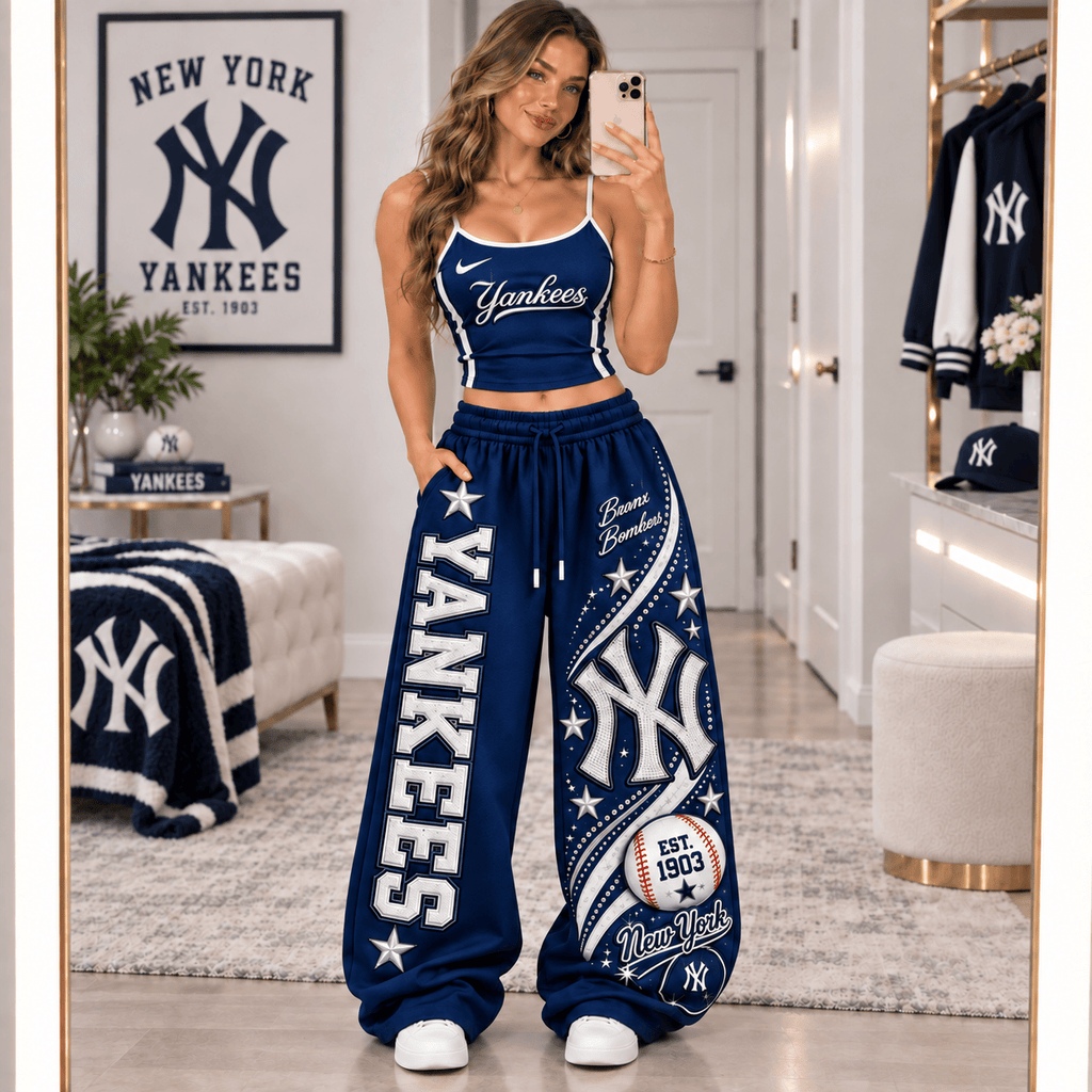 Premium NYY Sports-Inspired Cami & Wide-Leg Pants Set BMD