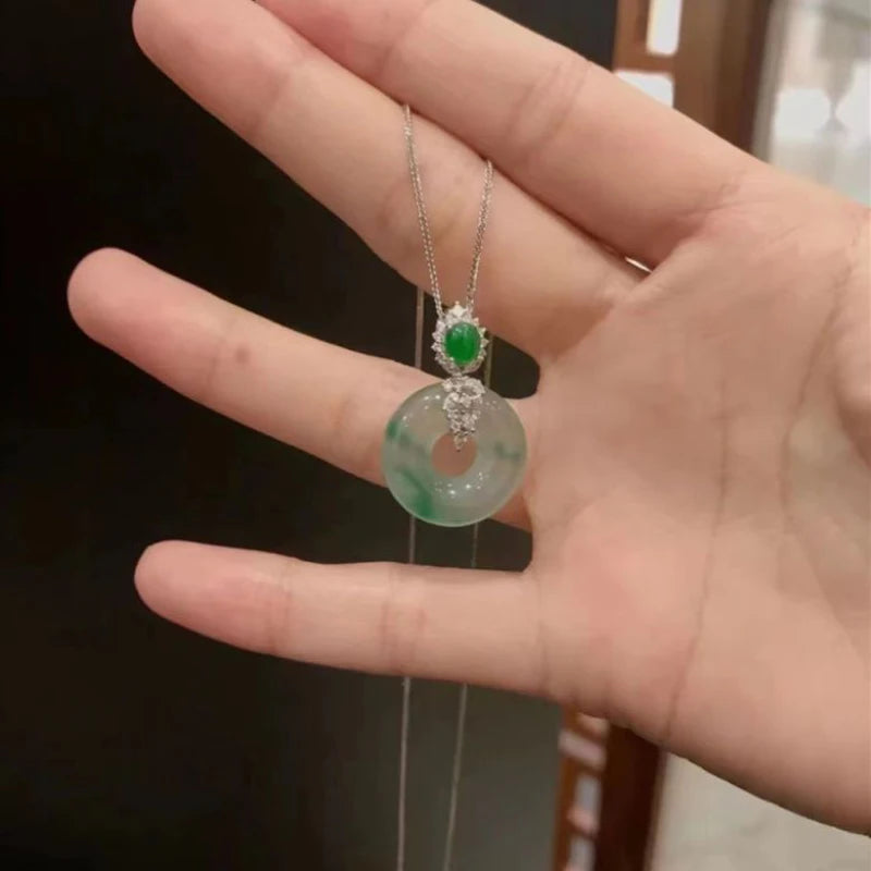 Inspired Natural Ice seed Jade Chalcedony Round Necklaces Ruyi Chinese Style clavicle chain Classic Silver Jewelry for Women
