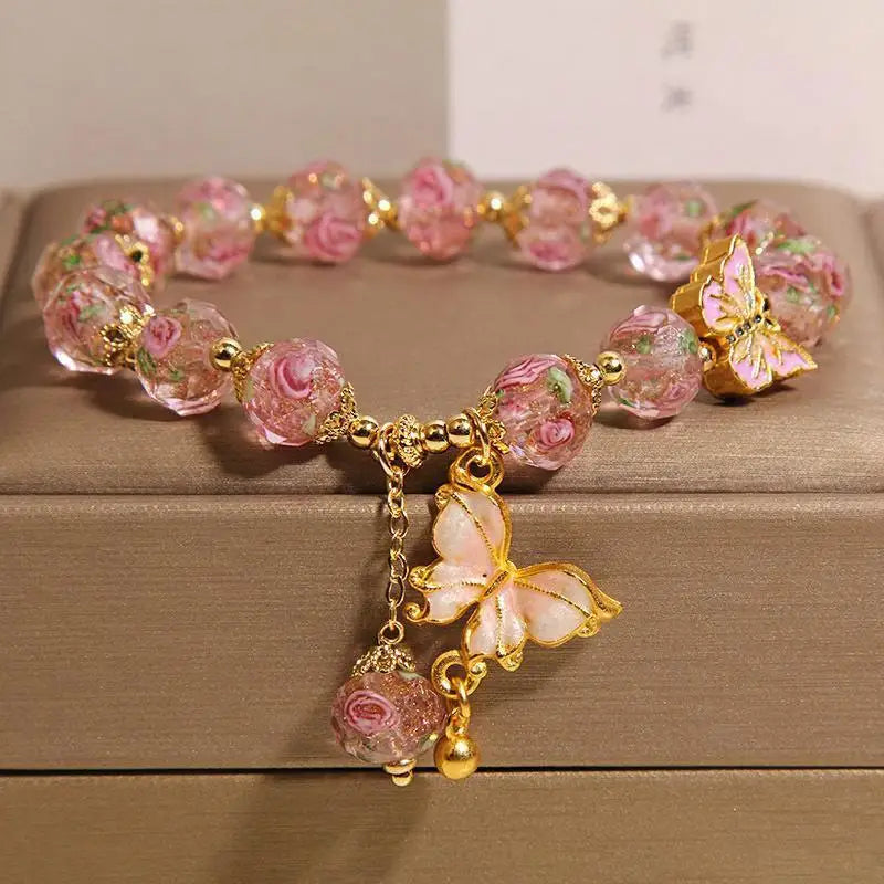 New Chinese Style Rose Garden Glass Bracelet Women Light Luxury Niche High-End Butterfly Pendant Bracelet Gift For Best Friend
