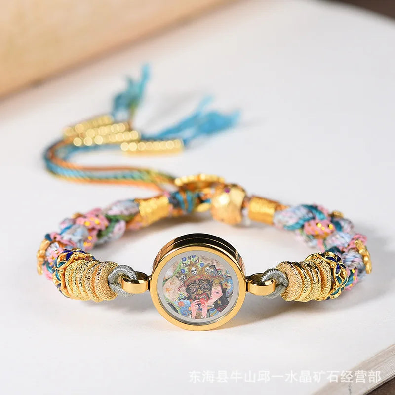Handwoven Chinese Tibetan Ethnic Style Zakiram Wutai Mountain Five Elders Thangka Yellow Wealth God Bracelet For Women