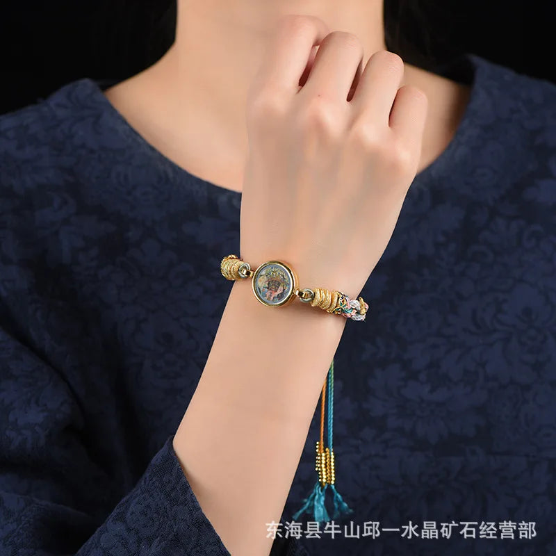 Handwoven Chinese Tibetan Ethnic Style Zakiram Wutai Mountain Five Elders Thangka Yellow Wealth God Bracelet For Women