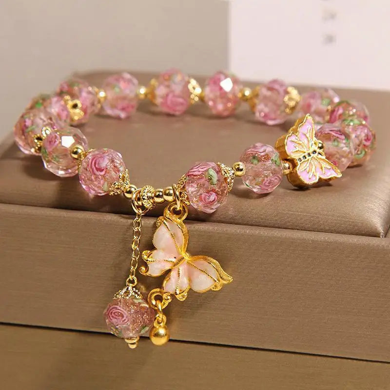 New Chinese Style Rose Garden Glass Bracelet Women Light Luxury Niche High-End Butterfly Pendant Bracelet Gift For Best Friend