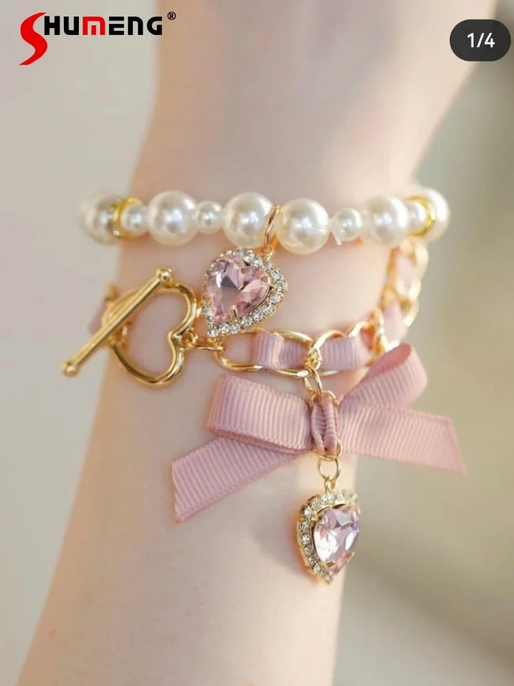 Japanese Lolita Sytle Women Accessories Sweet Ladies Mine Love Heart Bow Tie Rhinestone Pendant Cute Girl Two-Piece Bracelet